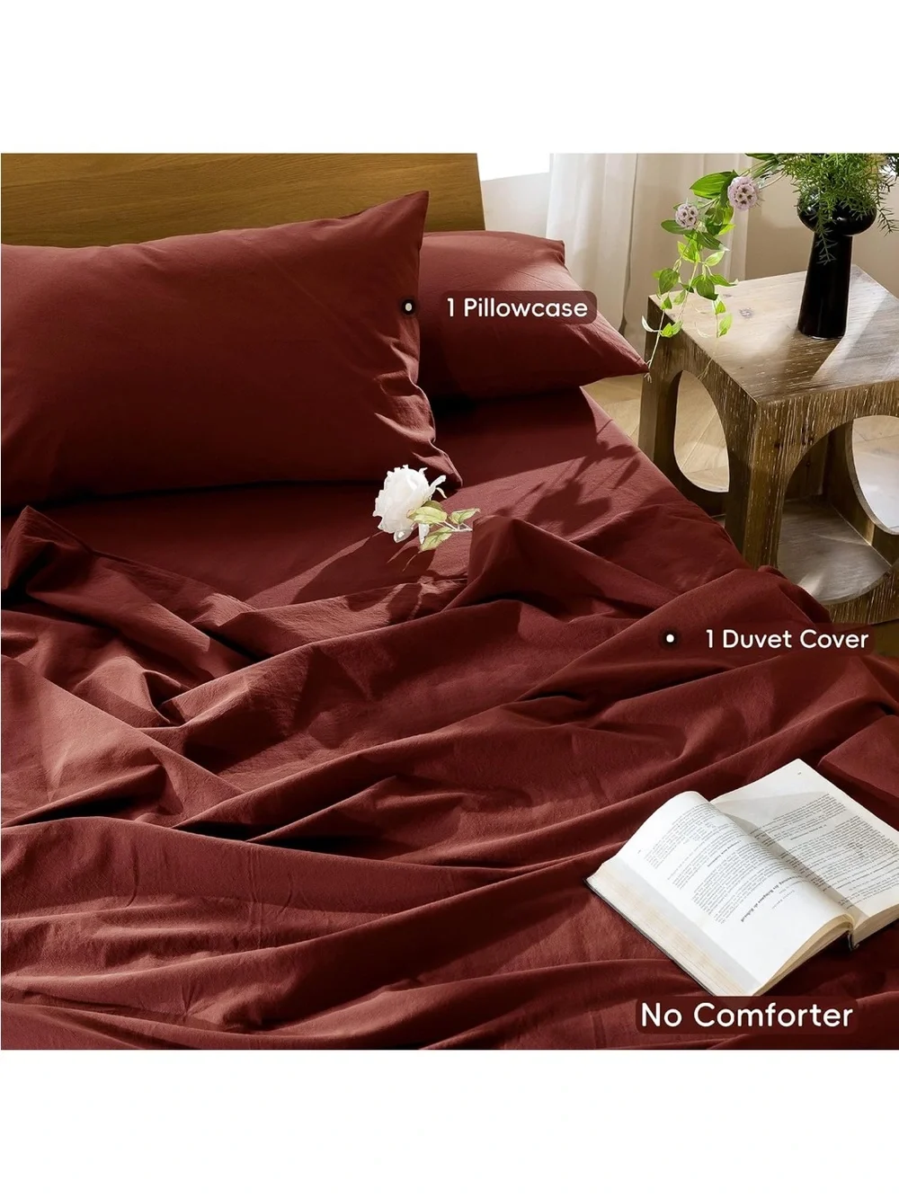 NEW MooMee 100% Washed Cotton Duvet Cover Set. Linen Like Texture, Rusty red